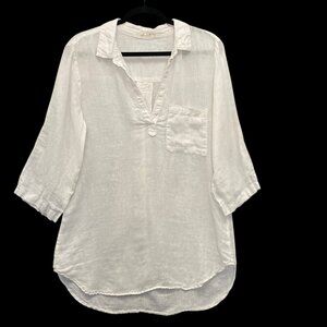 BELLA DAHL Women Pullover Linen Tunic Sz L White Roll Tab Sleeves Beach 70-6
